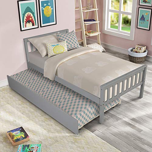 PVWIIK Twin Daybed with Trundle for Kids Bedroom,Wood Platform Bed Frame with Headboard and Footboard for Small Living Space,No Box Spring Needed,Grey