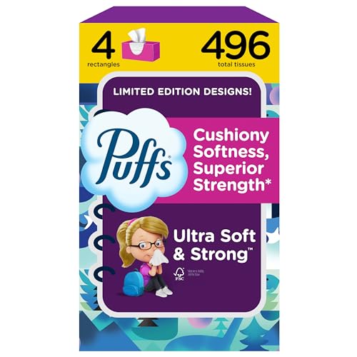 �️Puffs Facial Tissues Ultra Soft, 4 Family Boxes, 124 Facial Tissues per Box, Allergies and Colds (Packaging May Vary)