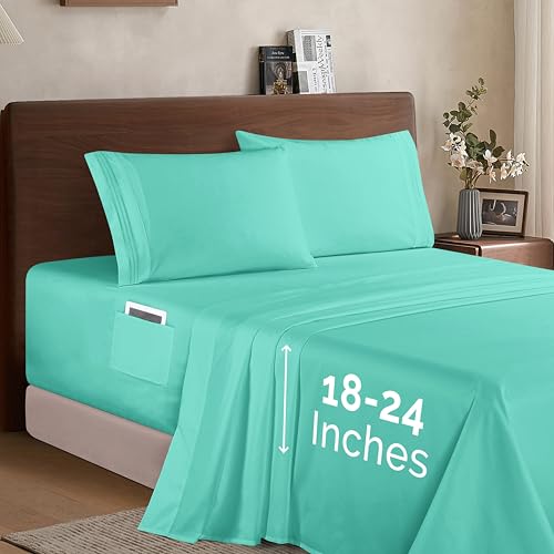 Elegant Comfort Luxury 1500 Premium Hotel Quality Microfiber 4-Piece Sheet Set - Soft, All Around Elastic 18-24 Inches Deep Fitted Sheet - Extra Deep Pocket Sheets, King, Paradise Teal