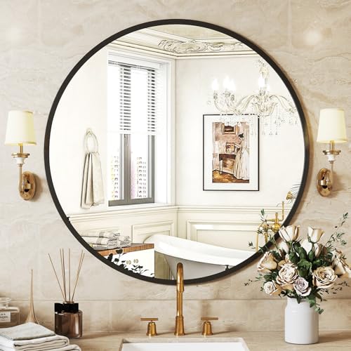Sweetcrispy Black Round Wall Mirror 24 Inch, Bathroom Mirrors for Over Sink, Circle Mirror for Bathroom, Entryway, Bedroom, Vanity