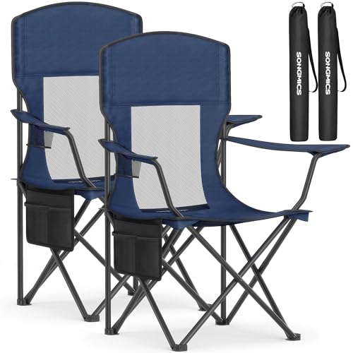 SONGMICS Breathable Camping Chairs, Foldable Outdoor Chairs Set of 2, High Back, Adjustable Armrests, Drink Holder, Weight Capacity 330 lb, for Sports Garden Backyard, Harbor Blue UGCB028Q01