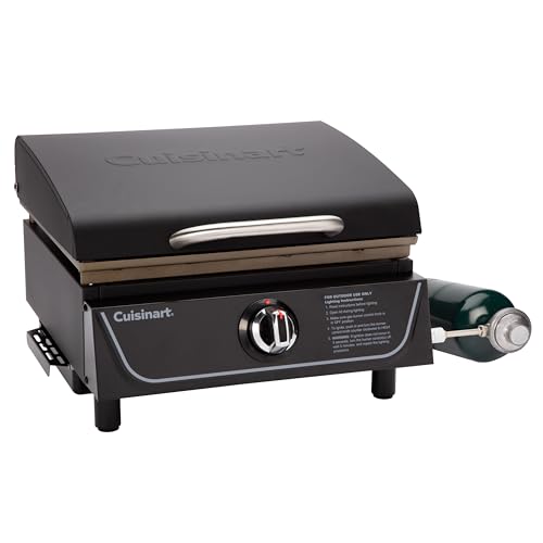 Cuisinart 17” Tabletop Gas Griddle with Hood, Easy Assembly Compact Outdoor Flat-Top Grill with Grease Cup, 255 Sq. In Cooking Space Perfect for Camping, Tailgates and BBQs