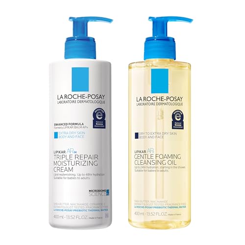 La Roche-Posay Lipikar Skin Care Set, Triple Repair Moisturizing Cream & Foaming Cleansing Oil, Body Lotion & Cleanser Formulated with Shea Butter, Long Lasitng Hydration, Fragrance Free