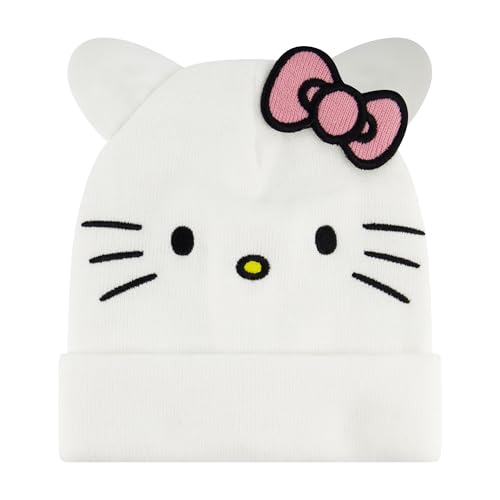 Hello Kitty Beanie Hat, Adult Acrylic Knitted Winter Cap with 3D Ears and Bow, White, One Size