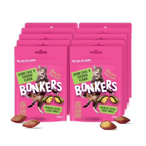 BONKERS Cat Bites, Crunchy & Soft Chick N' Cheddar Flavor Treats, Low Calorie, Training or Food Topper, 3 OZ Resealable Bag for All Breeds and Ages, Value Pack (10 Pack)