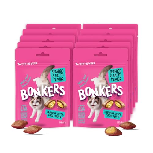 BONKERS Cat Bites, Crunchy & Soft Seafood & Eat It! Flavor Treats, Low Calorie, Training or Food Topper, 3 OZ Resealable Bag for All Breeds and Ages, Value Pack (10 Pack)