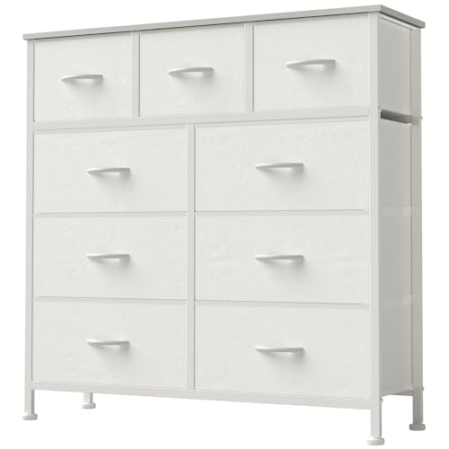 DUMOS Dresser for Bedroom, Storage Organizer with 9 Drawers, Chest of Drawers with Fabric Bins, Sturdy Metal Frame, Wood Tabletop for Guest Room, Closet, Entryway, Nursery
