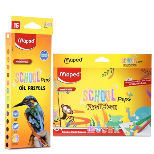 Maped Colouring Kit-Set of 2|Playful and Bright Shades|Matte finish -Oil Pastels(12Shades)|Glossy finish-Eraseable Plastic Crayons(15Shades)|NonToxic 