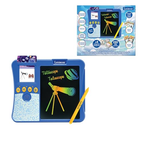 LEXIBOOK, QuizzHit® Draw, Interactive bilingual ENGLISH/FRENCH talking card reader with drawing tablet, 250 double-sided vocabulary and quiz cards to learn countries, animals and much more, JCR20i1