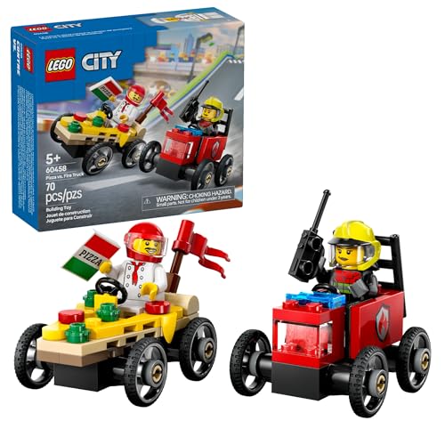LEGO City Pizza vs. Fire Truck Race Car Pack Toy - Building Toy for Kids, Boys and Girls, Ages 5+ - Gift for Birthdays and Holidays - Includes Chef and Firefighter Minifigures - 60458