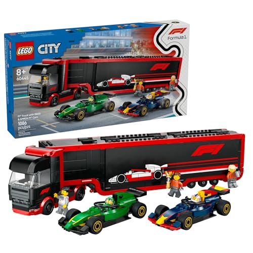 LEGO City F1 Truck with RB20 & AMR24 F1 Car Toys - Model Car Building Toy Set for Kids, Boys and Girls, Ages 8+ - F1 Collectible for Fans - Gift Idea for Birthdays - 60445