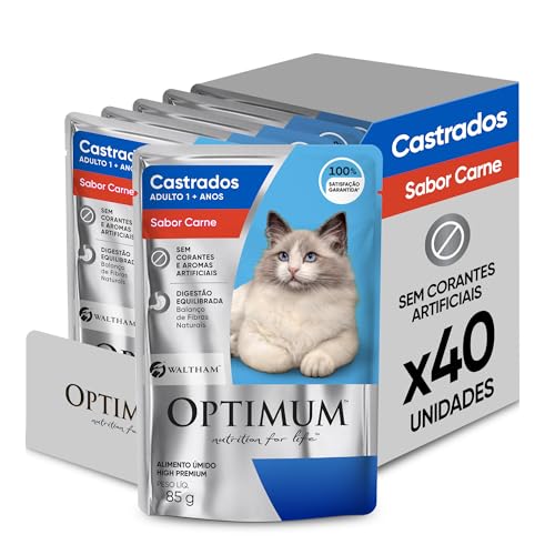 Pack Ração Úmida Optimum Sachê para Gatos Adultos Castrados Sabor Carne 85g - 40 unidadaes