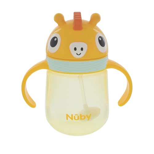 Nuby Character Sippy Cup Water Bottle - Weighted Straw | 240ml / 8oz | Carry Handle | Trainer Cup | Suitable Beaker for 6 Months Plus (Giraffe)