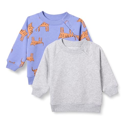 Amazon Essentials Unisex Babies' French Terry Crewneck Sweatshirts, Pack of 2, Grey Heather/Purple Tiger, 3-6 Months