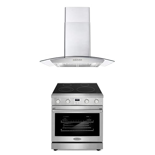 Cosmo 2-Pc Kitchen Appliance Packages, 30" Electric Range Stainless Steel and 30" Wall Mount Range Hood