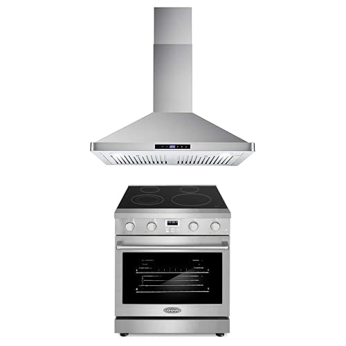 Cosmo 2-Pc Kitchen Appliance Packages, 30" Electric Range w Convection Oven and 30" Wall Mount Range Hood