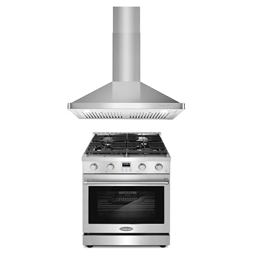 Cosmo 2-Pc Kitchen Appliance Packages, 30" Freestanding Gas Range and 30" Wall Mount Range Hood