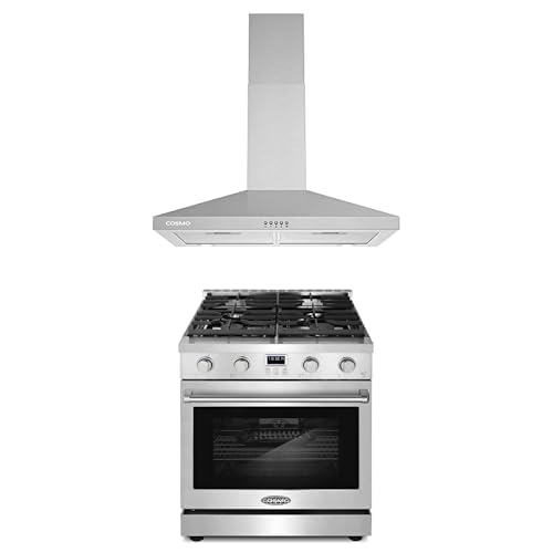 Cosmo 2-Pc Kitchen Appliance Packages, 30" Slide-In Gas Range and 30" Wall Mount Range Hood