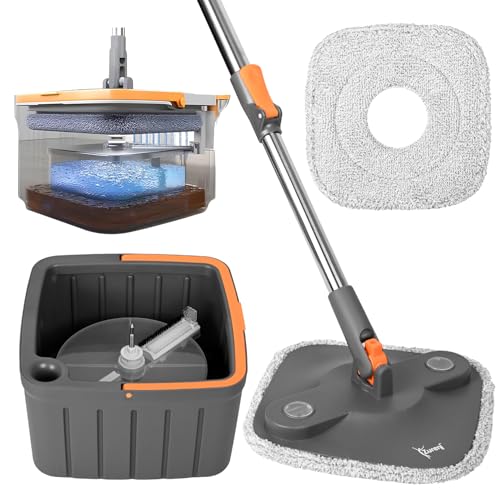 Zureni Wet and Dry Bucket Mop Set 360° Rotating Square Mop-Head with Extendable Handle & 2 Replaceable Mop-Pads Self Separation Dirty Clean Water for 