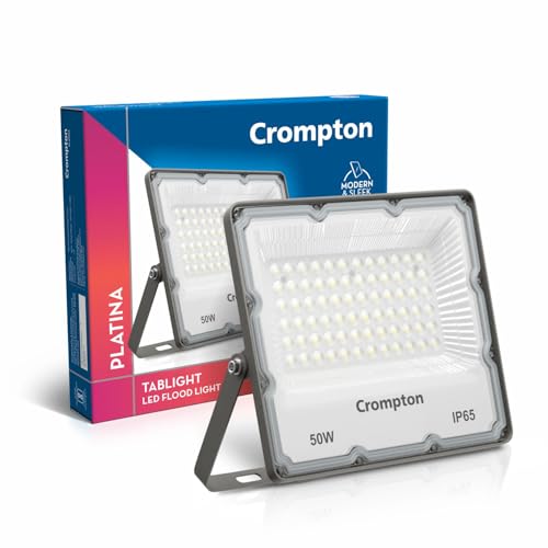Crompton TabLight Outdoor Waterproof LED Flood Light 50W Cool Day Light | Pack of 1 | IP65 Rated, Wide-Beam, BIS Approved | Ideal for Garage, Garden, 