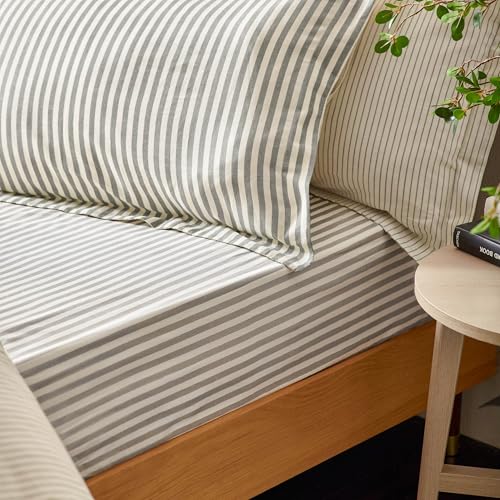 Yard Hebden Midi Stripe Fitted Sheet – Ultra Soft 100% Cotton Striped Bed Sheet (Grey – Double – 137x190x32cm)