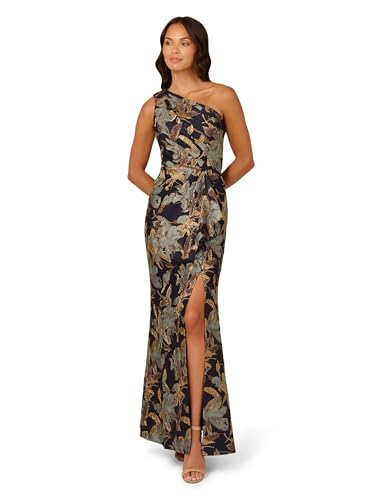 Adrianna Papell Women's One Shoulder Jacquard Dress, Blue/Gold, 14