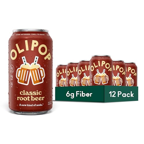 OLIPOP Prebiotic Soda Pop, Classic Root Beer, Pantry Pack Packed with Prebiotics, Fiber, and Botanicals, Gluten Free, Vegan, GMO Free, 12oz (12-Cans)