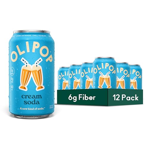 OLIPOP Prebiotic Soda Pop, Cream Soda, Pantry Pack Packed with Prebiotics, Fiber, and Botanicals, Gluten Free, Vegan, GMO Free, 12oz (12-Cans)