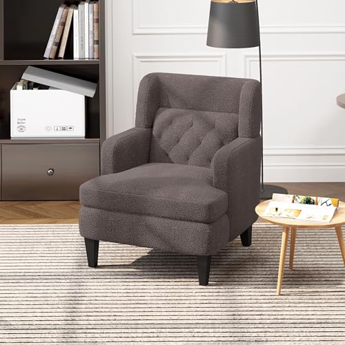 Leather accent chair in corner beside sofa and plant