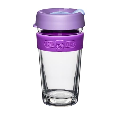 KeepCup Longplay - Reusable Coffee Cup, Double Wall Glass with Removable Sleeve and splashproof Sipper lid - 16oz/454ml - Helio