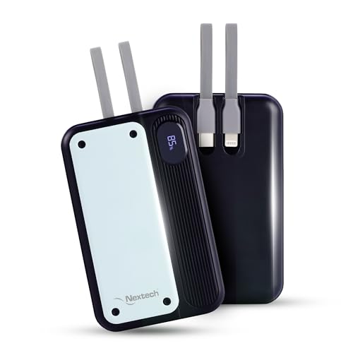 Nextech Pocket Rocket PDQC 22.5W | 10,000mAh Pocket-Size Power Bank | Type-C & iPhone Fixed Cable | Built-in Type-C PD & QC 3.0 USB Port | Compatible 
