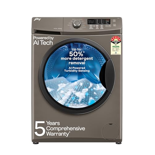 Godrej 8 Kg 5 Star, AI Powered, Inbuilt Heater, Fabrisafe Drum, Steam Wash, Child Lock, Unbalanced Load Sensor, Fully Automatic Front Load Washing Mac