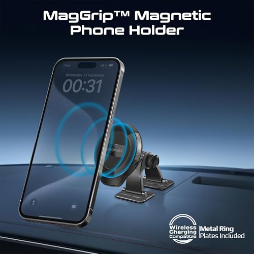 Promate Magnetic Phone Holder with MagGrip™ Technology, Fits Any Curved Surface, Firm Dashboard Attachment, Powerful N52 Magnets, ArcMount