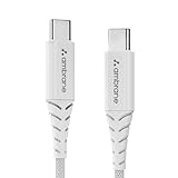 Ambrane Unbreakable 60W Fast Charging 15M Braided Type C to Type C USB Cable for Smartphones Tablets Laptops Other Type C Devices PD Technology 480Mbps Data Sync RCTT15 White