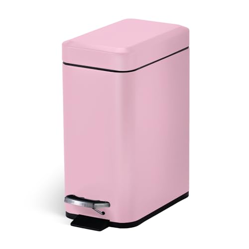 Home Zone Living 1.3 Gallon Small Bathroom Trash Can with Lid and Step Pedal, Stainless Steel Wastebasket with Slim Design for Home and Office, Matte Pink, 5 Liters