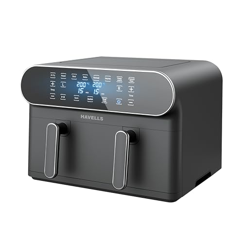 Havells Air Fryer Prolife Delicia 1700 W|Dual Basket Air Fryer|85% Less Oil|10.5L Pan|8 Auto Pre-set Menu|Auto Restart|Digital Touch Control|Dehydrato