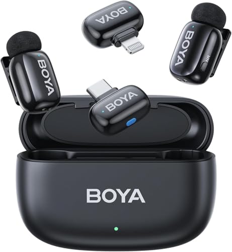 BOYA mini Wireless Microphone for iPhone/Android/PC/Tablets with USB C/Lightning Plug, MFi Certified, Noise Reduction, AI Voice Changer, 30H Battery Life with Charging Case for Video Recording Podcast