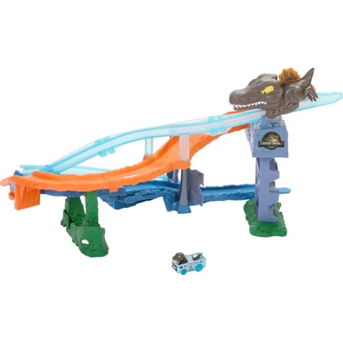 Hot Wheels Toy Car Track Set, RacerVerse Jurassic World Crash & Splash Playset with Die-Cast Velociraptor Vehicle, Dinosaur Race with Spinosaurus
