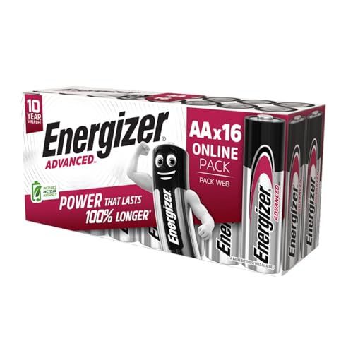 Energizer Advanced - AA Batteries (Pack of 16) - 1.5 V Alkaline Batteries - Powerful and Durable - Made in the EU - 100% Plastic-Free Packaging - 10 Years Shelf Life [Exclusive to Amazon]