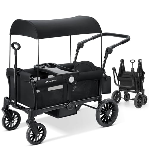 ELEMARA Foldable Stroller Wagon for 2 Kids, Premium All Terrain Wagon for Kids, Cart w/Removable Canopy, Adjustable Push/Pull Handle, Harnesses, Large Storage Bag, Black