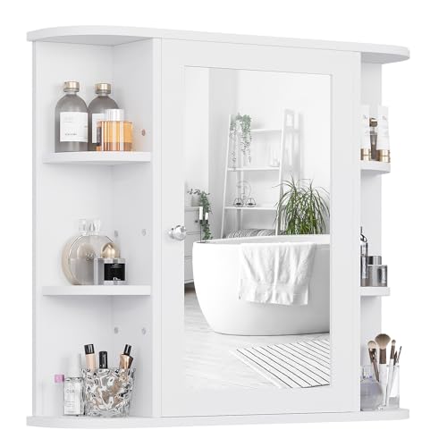 Shintenchi Bathroom Wall Cabinet with Mirror, Mounted Medicine Cabinets with 4 Internal and 6 Open Shelves, Mirrored Door Over The Toilet Storage, Solid White