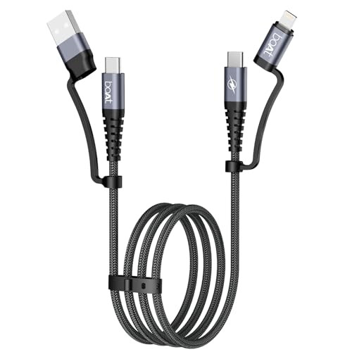 boAt FlexiCharge 400 Charging Cable w/ 4-in-1 Connectivity- USB-A, Type-C, & Lightning Ports, 60W/3A PD Fast Charging,480Mbps Data Sync,2 Swappable He