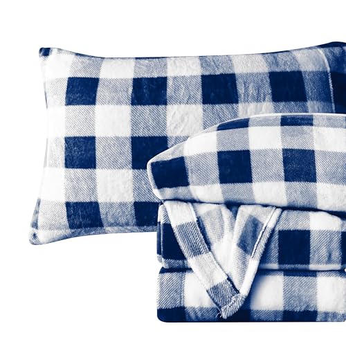 Elegant Comfort Luxuriously Soft 4-Piece Velvet Plush Flannel Sheet Set - Premium Quality - Cozy Warm, Anti-Static, Non Pilling Fuzzy Velvet Flannel Fleece Deep Pocket Sheet Set-Twin XL, Buffalo Navy