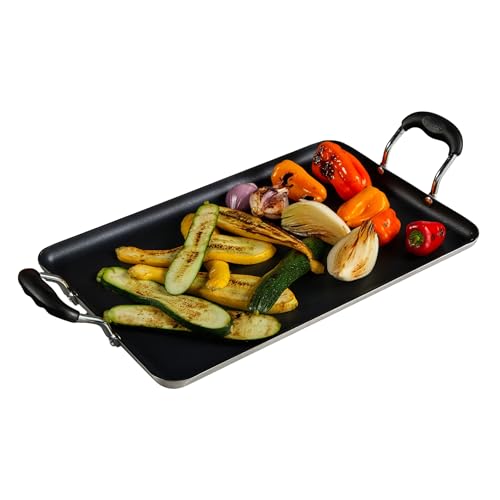 MUSA 17x10in Aluminum Black Ceramic Double Burner Griddle with Cool Touch Handles, Nonstick Flat Grill Pan for Pancakes, Eggs, Bacon, and More, Black