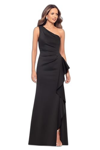 Xscape Women's One-Shoulder Gown with Cascading Ruffle Detail and Ruched Waist, Black, 16