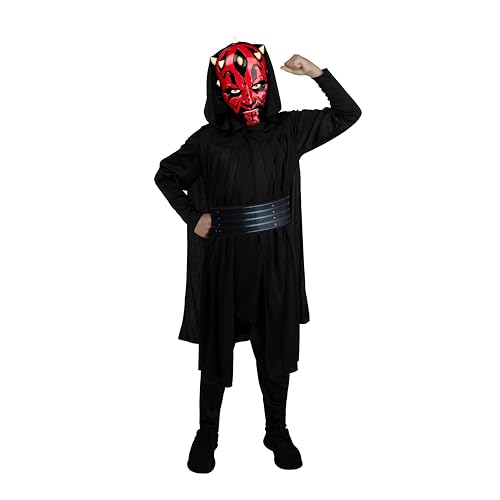 Star Wars Darth Maul Official Youth Halloween Costume - Premium Quality Tunic, Pants, Belt, with Hooded Cloak and Plastic Mask (M)