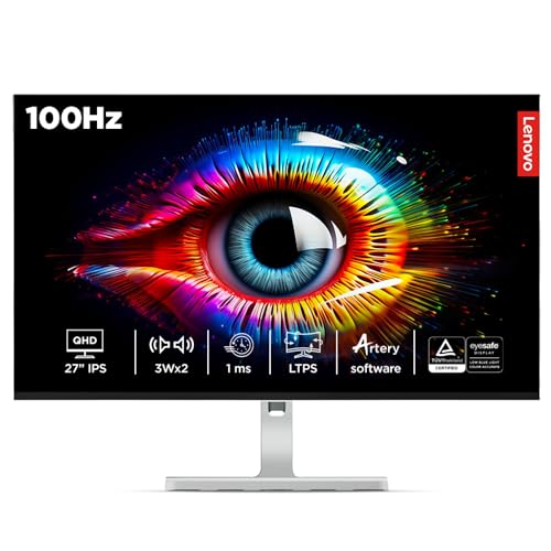 Lenovo L-Series 27 inch (68.5cm) QHD IPS Monitor| 100Hz, 1ms, FreeSync, 99% sRGB, 90% DCI-P3, 3Wx2 Speakers, 2X HDMI 2.1, 1x DP 1.4, Tilt, Swivel,