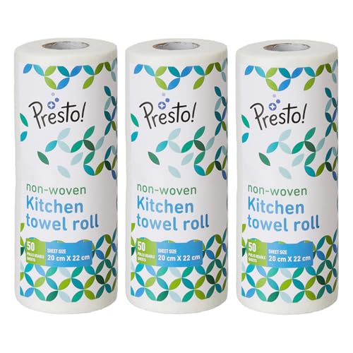 Amazon Brand - Presto! Non-Woven Reusable Kitchen Towel Roll | 50 Pulls | 150 Sheets (Pack of 3) | Size: 20 x 22 cm | White | Washable | Highly Absorb