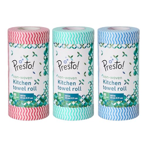 Amazon Brand - Presto! Non-Woven Kitchen Towel Roll | 80 Pulls (Pack of 3) | Size: 23 x 21 cm | Wavy Pattern (Red, Blue & Green) | Washable and Reusab