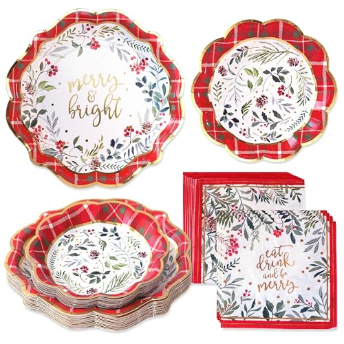 Kate Aspen 62pc Christmas Tableware Set Holiday Dinner Party Kit - 16pcs 7 inch & 9 inch Heavy Duty Disposable Party Plates, 30pcs 6.5 inch Durable Paper Napkins
